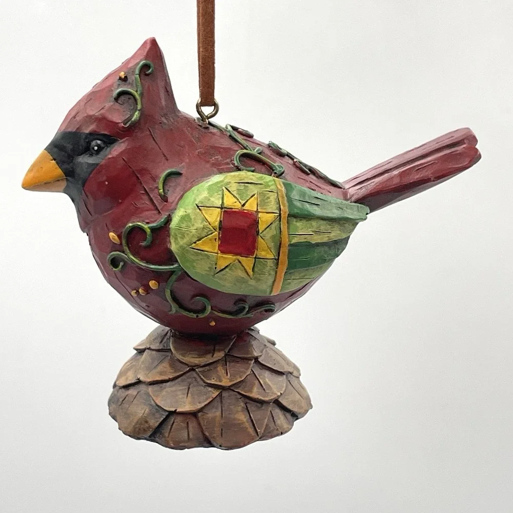 Hand Painted Resin Cardinal Bird Figurine Ornament Folk Art Pinecone Base 3.5